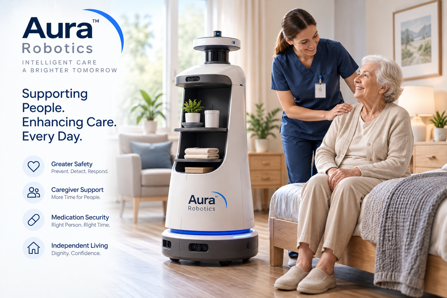 Practical healthcare-support robot assisting a resident alongside a caregiver