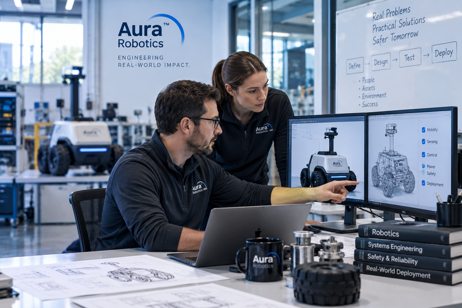 Multidisciplinary engineering team reviewing a practical robotics prototype in a laboratory